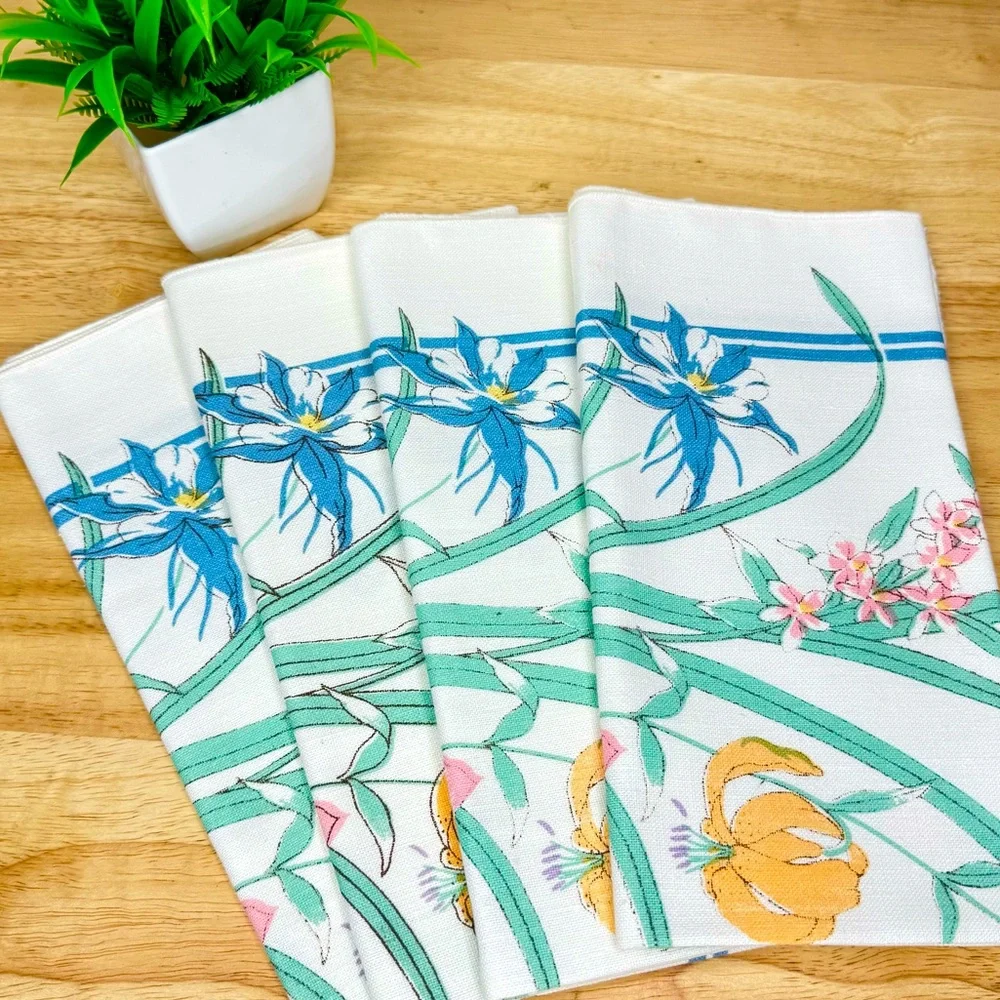Floral Linen Napkins Set Of 4 Purple Iris Butterfly Grass Flowers Spring Botanic